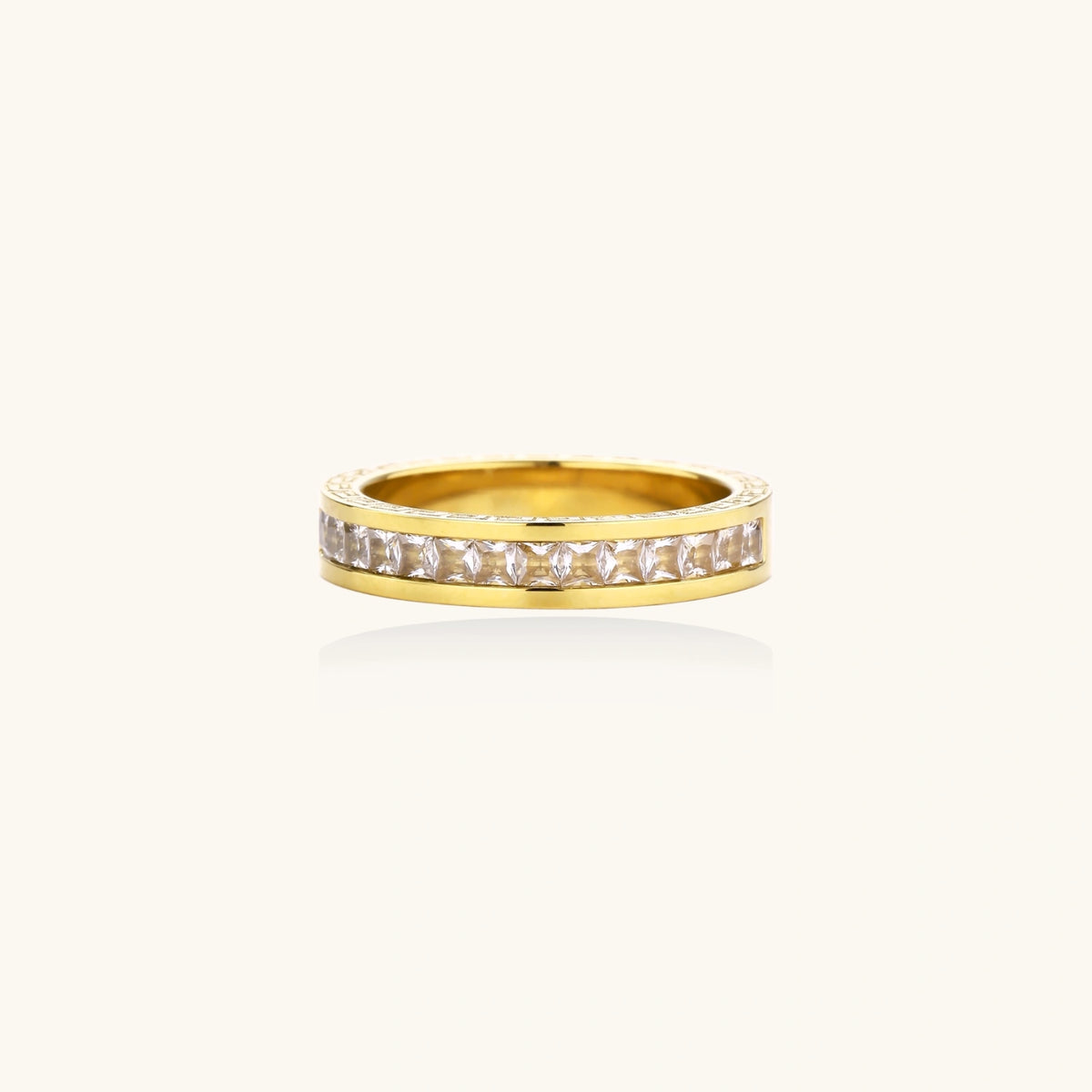 14K gold-plated band with channel-set zirconia and Greek key pattern engraving on polished finish